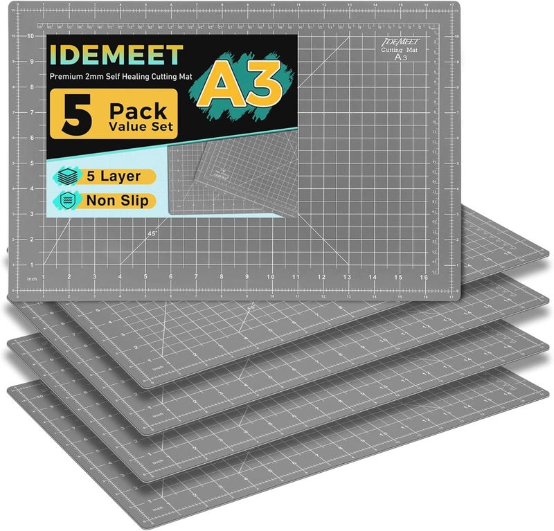 Idemeet Premium 5 Pcs Self Healing Cutting Mat 18'' x 12'', A3 Non-slip Sewing Mat for Quilting, 5-Ply Rotary Cutting Board Double-Sided for Crafts Cutting Fabric Scrapbooking Modeling Projects - Image 1